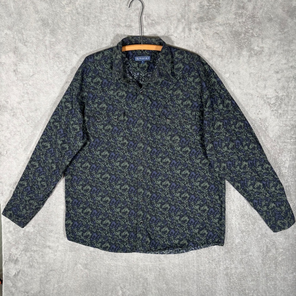 Roper Mens XL Damask Scroll Pearl Snap Western Shirt Black Green Purple Rodeo